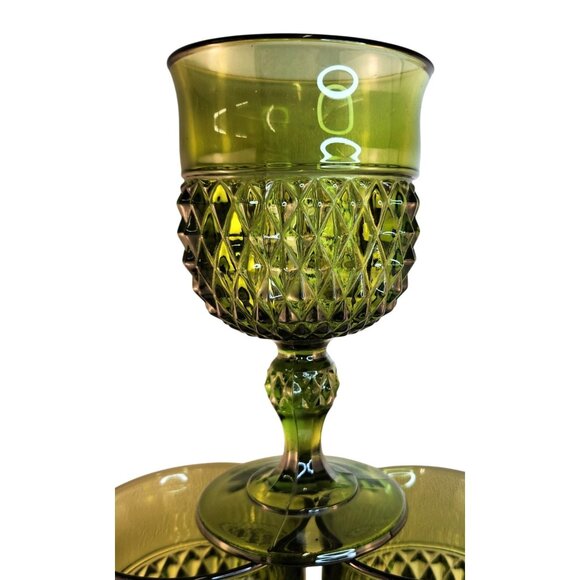 Vintage Green Glass Water Goblet Set Of 2 With Diamond Pattern Elegant Stemware - Picture 4 of 10